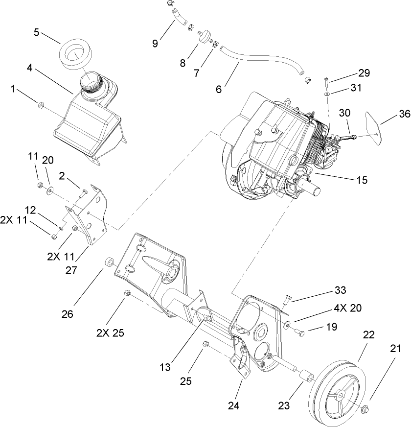 Engine, Gas Tank And Frame Assembly Diagram and Parts List for 33005 260000001 - 260999999 Lawn Boy Snow Blower
